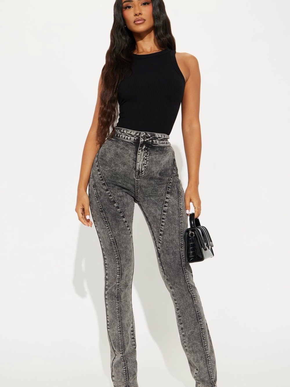 Acting Different Zipper Slim Straight Leg Jeans-  Black-Grey Acid Wash